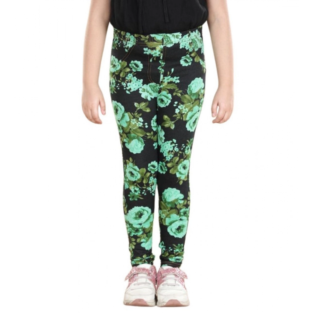 Girl's Cotton Lycra Floral Elasticated Jeggings (Black-Green) Girl's Cotton Lycra Floral Elasticated Jeggings (Black-Green)