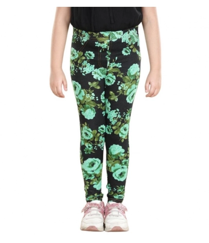 Girl's Cotton Lycra Floral Elasticated Jeggings (Black-Green)