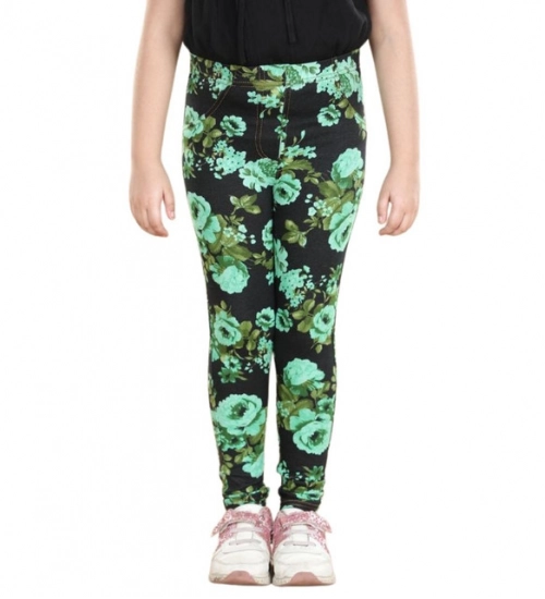 Girl's Cotton Lycra Floral Elasticated Jeggings (Black-Green) Girl's Cotton Lycra Floral Elasticated Jeggings (Black-Green)