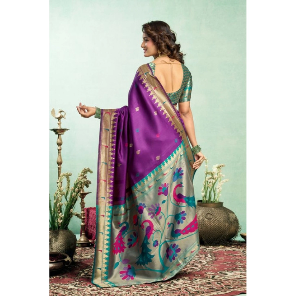 Women's Silk Blend Woven Saree With Unstitched Blouse 5.5 Mtr (Purple)