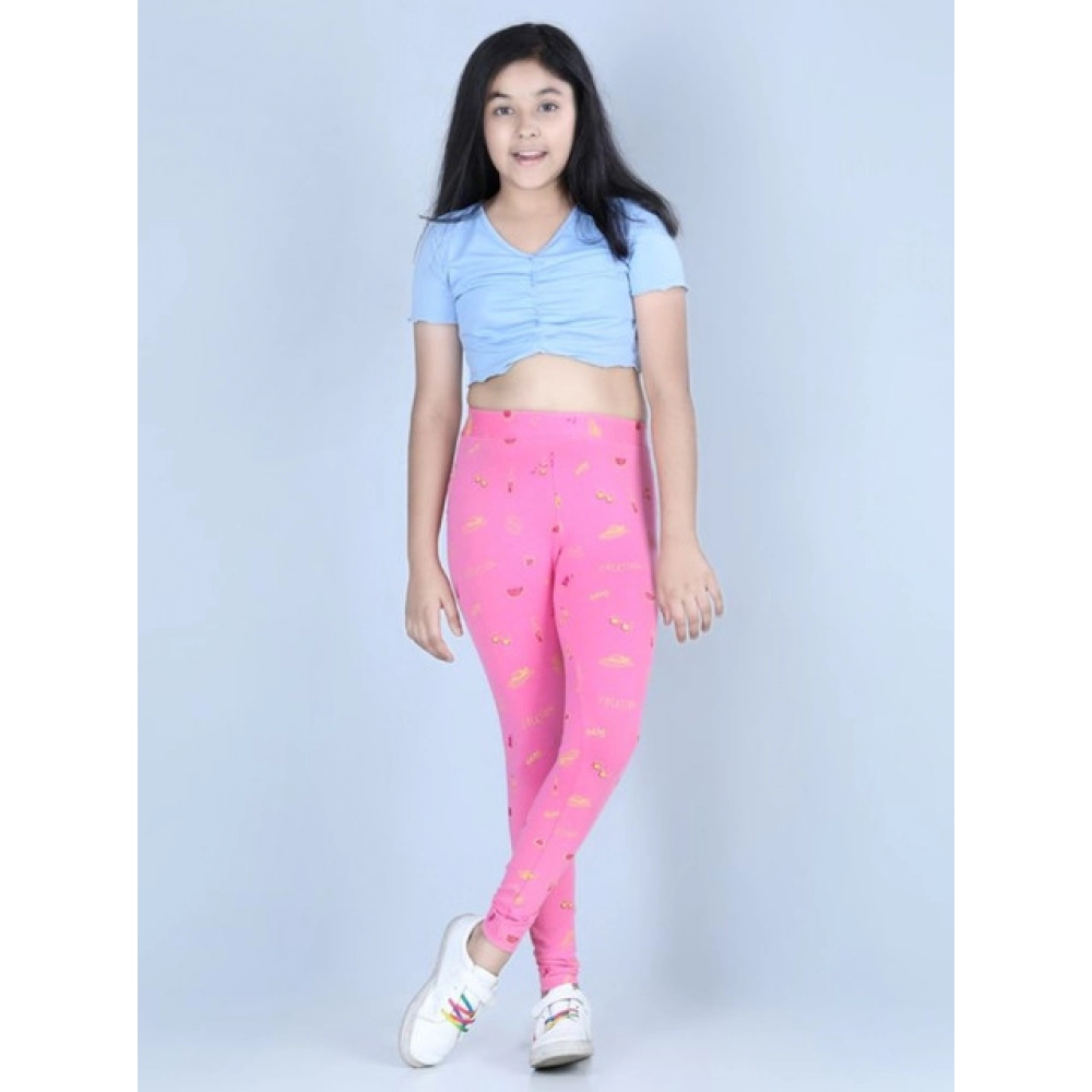 Girl's Cotton Lycra Printed Elasticated Leggings (Pink) Girl's Cotton Lycra Printed Elasticated Leggings (Pink)
