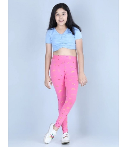 Girl's Cotton Lycra Printed Elasticated Leggings (Pink)