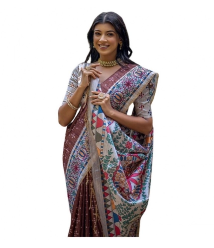 Women's Faux_Tussar Geometric_Print Saree With Unstitched Blouse 5.5Mtr (Coffee) Women's Faux_Tussar Geometric_Print Saree With Unstitched Blouse 5.5Mtr (Coffee)
