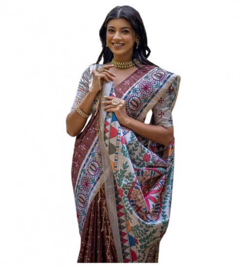Women's Faux_Tussar Geometric_Print Saree With Unstitched Blouse 5.5Mtr (Coffee)