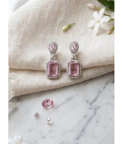 Women's Brass Silver Plated Drop Earrings (Pink)