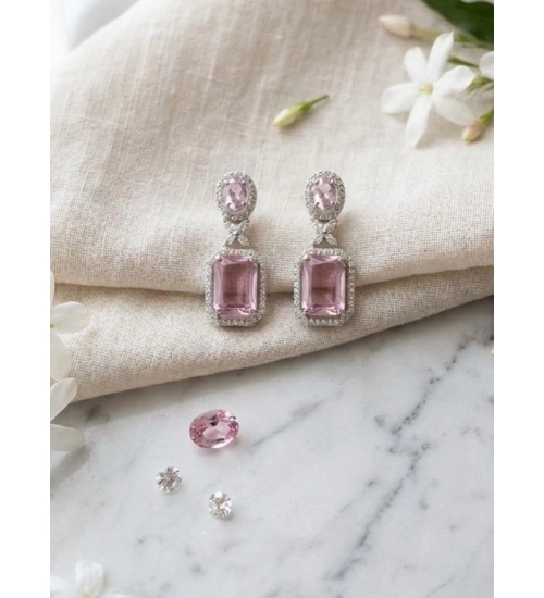 Women's Brass Silver Plated Drop Earrings (Pink)