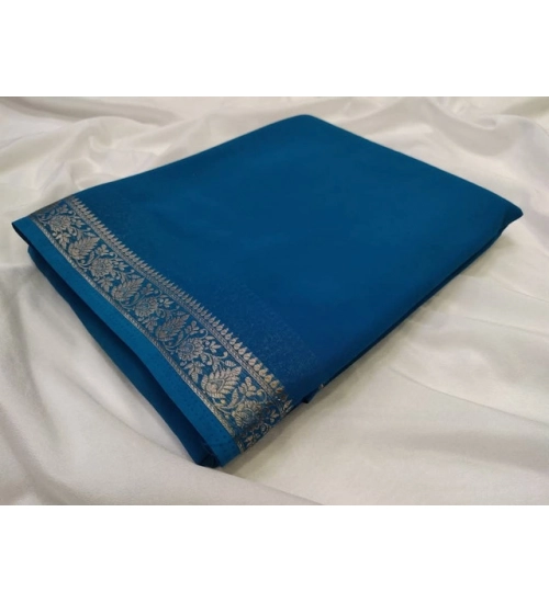 Women's Crepe Chit Pallu Solid Saree With Unstitched Blouse 5.5Mtr (teal blue)