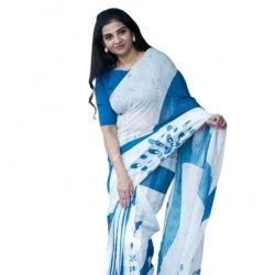 Women's Linen Printed Saree With Unstitched Blouse 5.5Mtr (White)