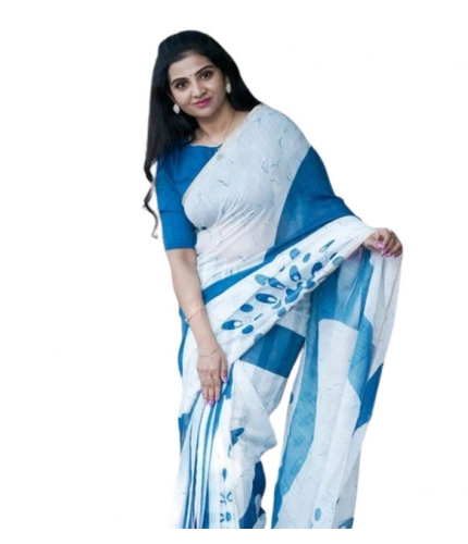 Women's Linen Printed Saree With Unstitched Blouse 5.5Mtr (White)