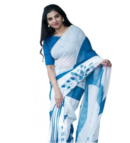 Women's Linen Printed Saree With Unstitched Blouse 5.5Mtr (White)