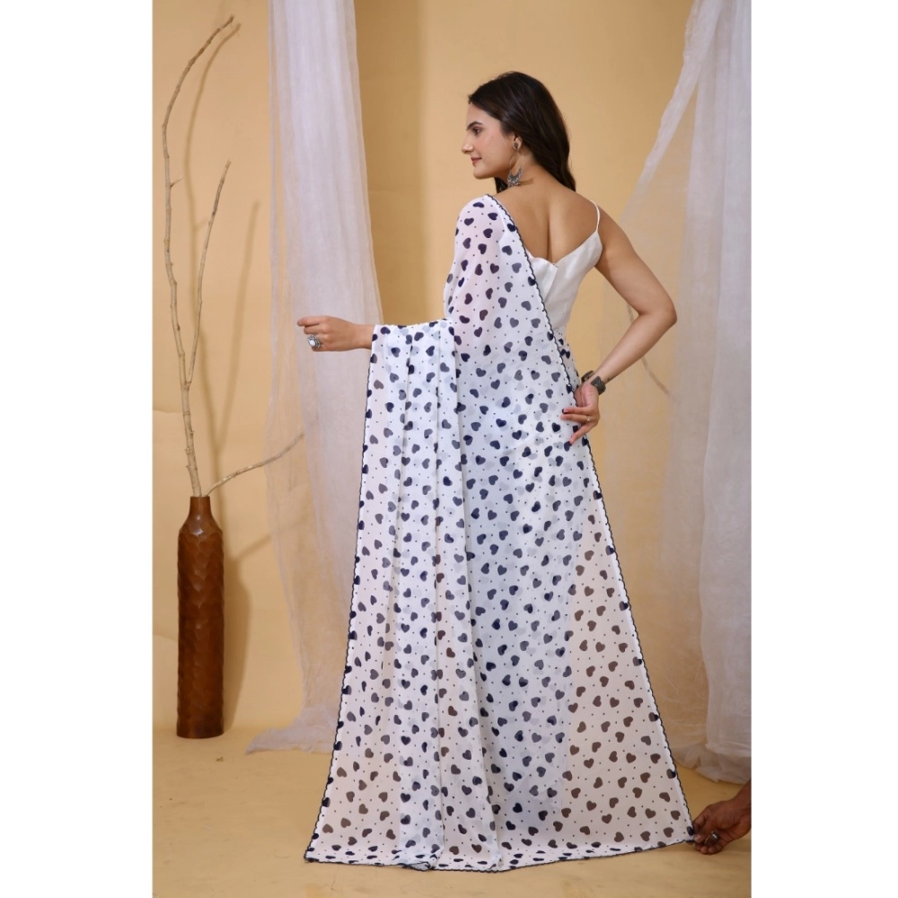 Women's Georgette Printed Saree With Unstitched Blouse 5.5Mtr (White-Blue) Women's Georgette Printed Saree With Unstitched Blouse 5.5Mtr (White-Blue)
