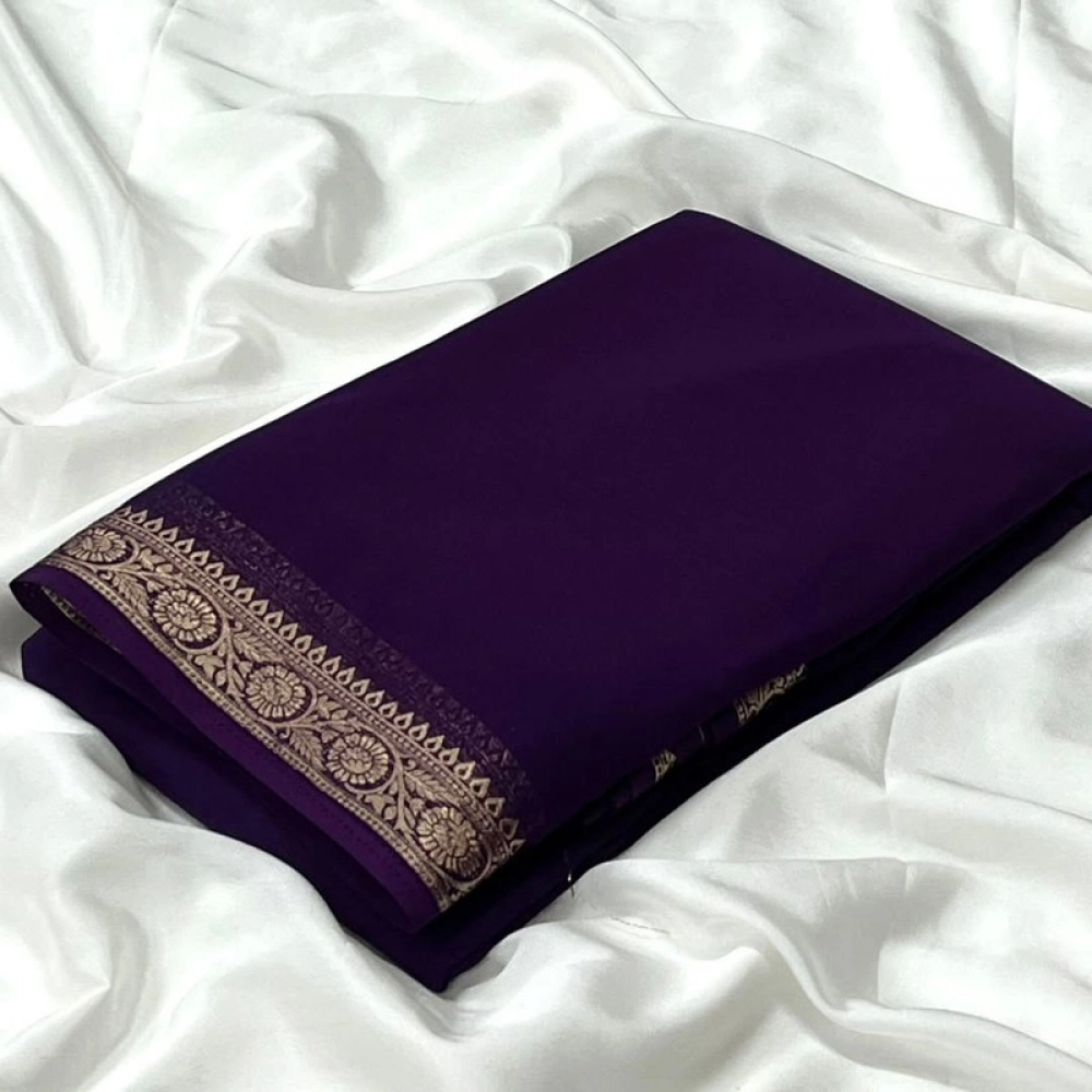 Women's Crepe Chit Pallu Solid Saree With Unstitched Blouse 5.5Mtr (Dark Purple) Women's Crepe Chit Pallu Solid Saree With Unstitched Blouse 5.5Mtr (Dark Purple)