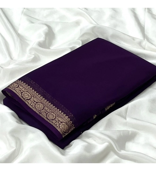 Women's Crepe Chit Pallu Solid Saree With Unstitched Blouse 5.5Mtr (Dark Purple)