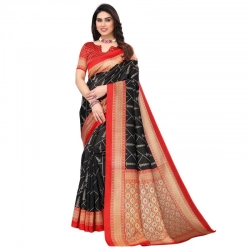 Women's Litchi silk Printed Saree With Unstitched Blouse  5-6 Mtrs (Black)