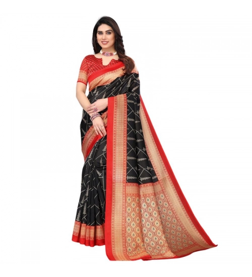 Women's Litchi silk Printed Saree With Unstitched Blouse  5-6 Mtrs (Black)