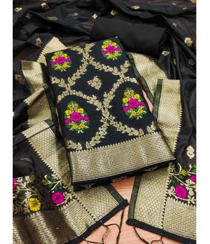 Women's Banarasi Silk Printed Unstitched Salwar Suit Material With Dupatta (Black, 3Mtrs)