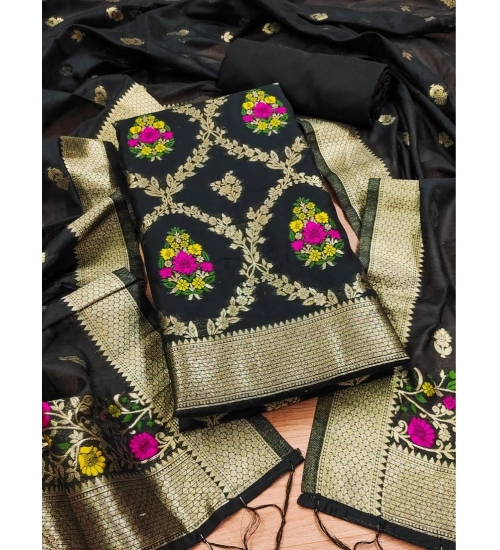 Women's Banarasi Silk Printed Unstitched Salwar Suit Material With Dupatta (Black, 3Mtrs)