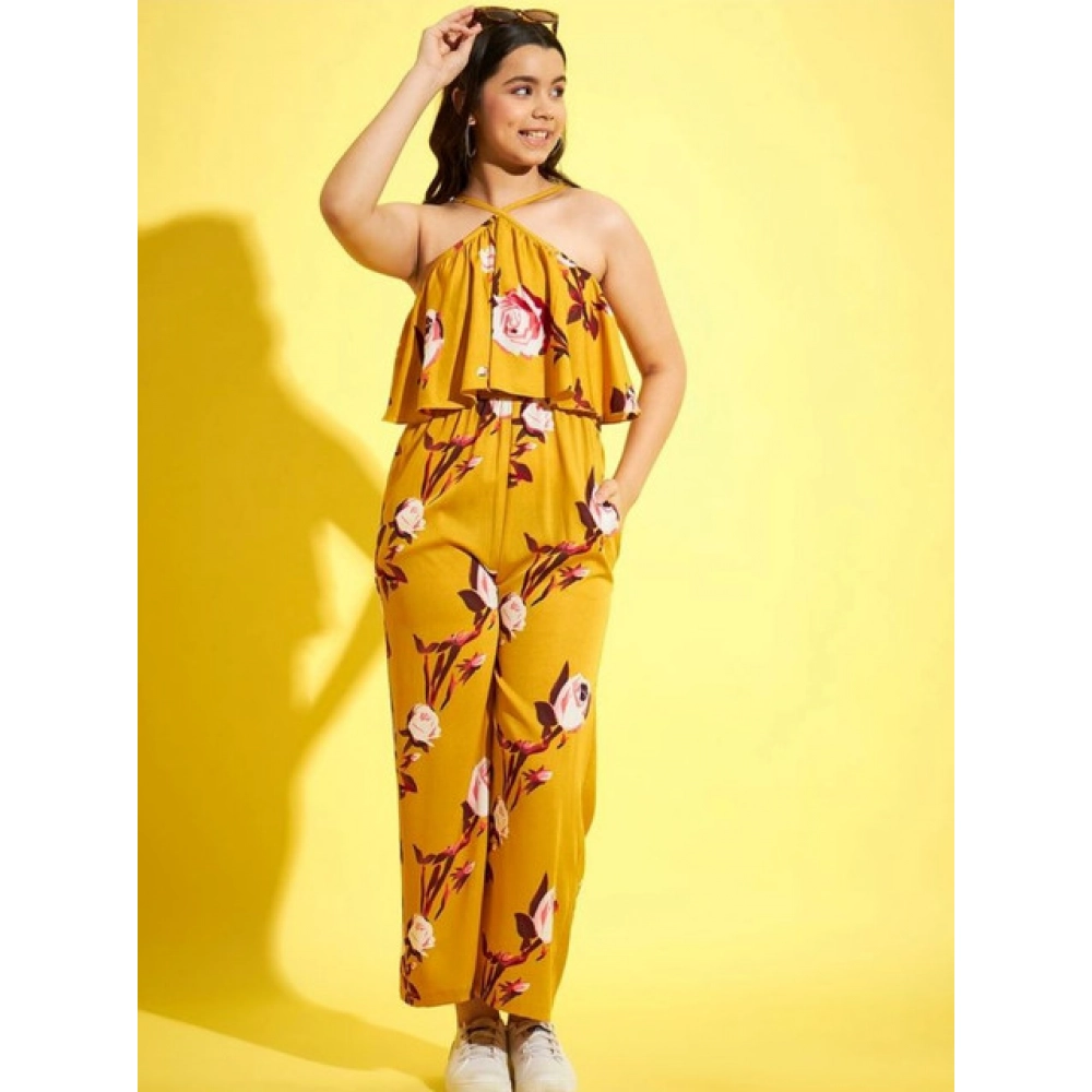 Girl's Polyester Crepe Floral Sleeveless Jumpsuit (Mustard) Girl's Polyester Crepe Floral Sleeveless Jumpsuit (Mustard)