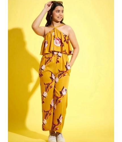 Girl's Polyester Crepe Floral Sleeveless Jumpsuit (Mustard)