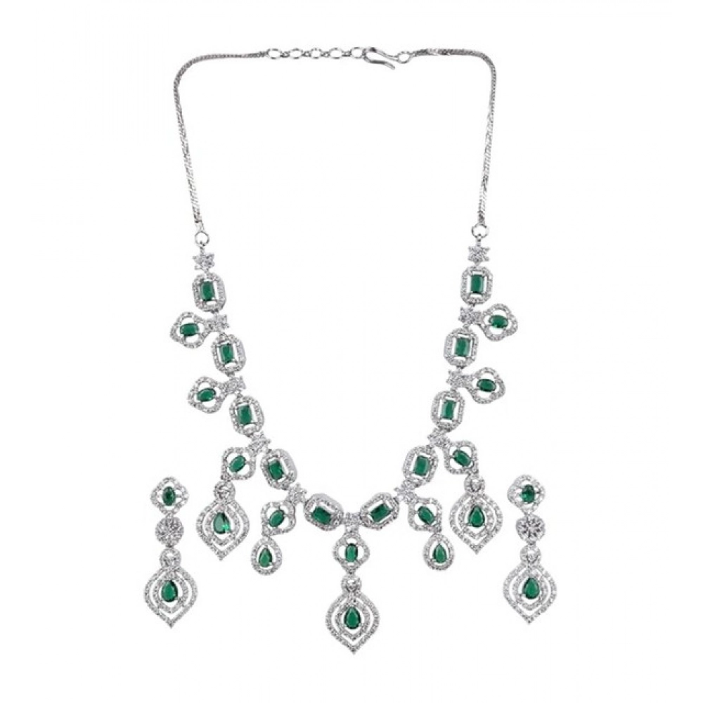 Women's Brass Silver Plated Necklace set (Green)