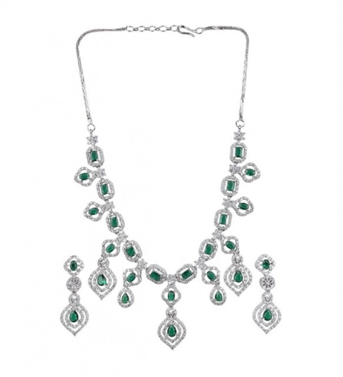 Women's Brass Silver Plated Necklace set (Green)