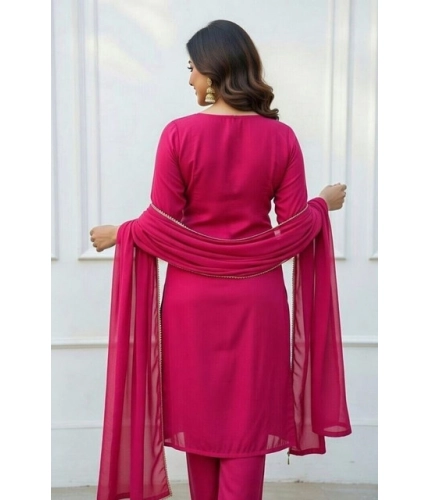 Women's Georgette Ethnic Motif Round 3/4th Sleeve Kurti With Pant Dupatta Set (Pink)