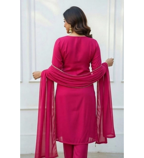 Women's Georgette Ethnic Motif Round 3/4th Sleeve Kurti With Pant Dupatta Set (Pink)