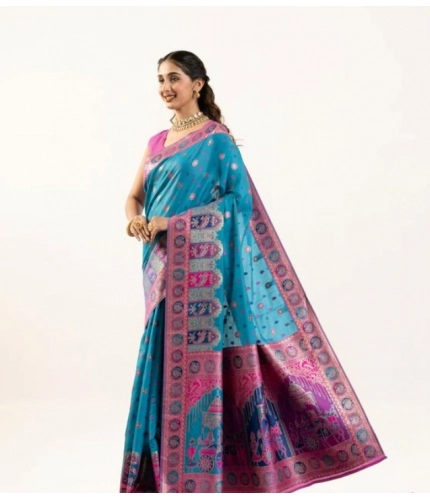Women's Faux_Banarasi Woven Motifs Saree With Unstitched Blouse 5.5Mtr (Teal)