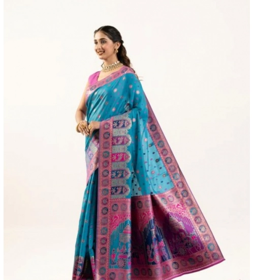 Women's Faux_Banarasi Woven Motifs Saree With Unstitched Blouse 5.5Mtr (Teal)