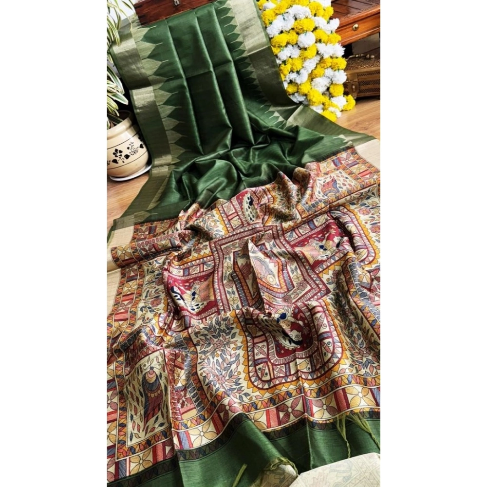 Women's Tussar Silk Madhubani Saree With Unstitched Blouse 5.5Mtr (Green) Women's Tussar Silk Madhubani Saree With Unstitched Blouse 5.5Mtr (Green)