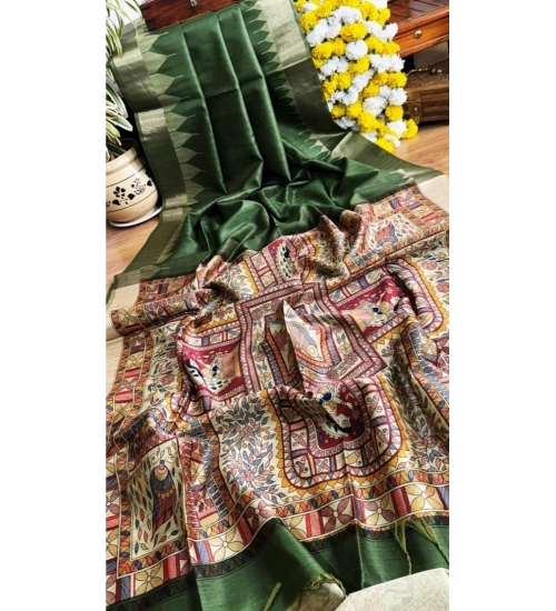 Women's Tussar Silk Madhubani Saree With Unstitched Blouse 5.5Mtr (Green)