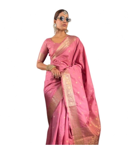 Women's Satin Printed Saree With Unstitched Blouse 5.5Mtr (Pink)