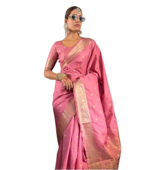 Women's Satin Printed Saree With Unstitched Blouse 5.5Mtr (Pink)