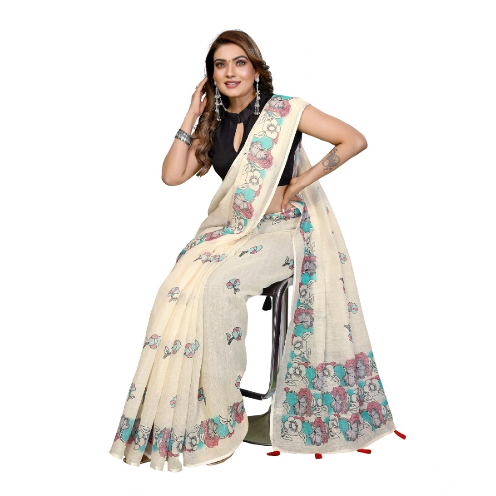 Women's Linen Cotton Printed Saree With Unstitched Blouse 5.5Mtr (Off White) Women's Linen Cotton Printed Saree With Unstitched Blouse 5.5Mtr (Off White)