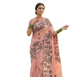 Women's Linen Cotton Printed Saree With Unstitched Blouse 5.5Mtr (Peach)