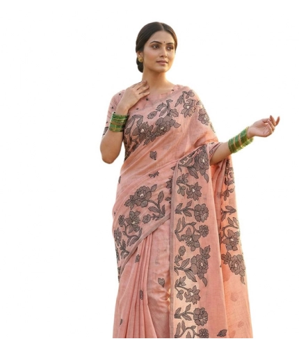 Women's Linen Cotton Printed Saree With Unstitched Blouse 5.5Mtr (Peach)