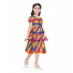 Girl's Taffeta Silk Striped Short Sleeve V Neck Dress (Multicolor)