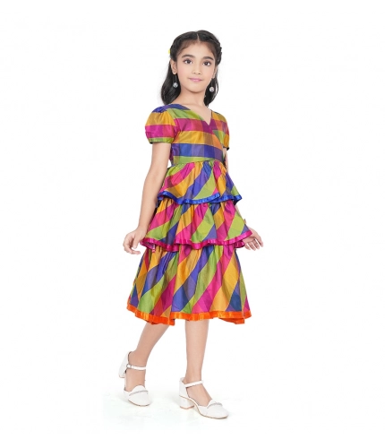 Girl's Taffeta Silk Striped Short Sleeve V Neck Dress (Multicolor)