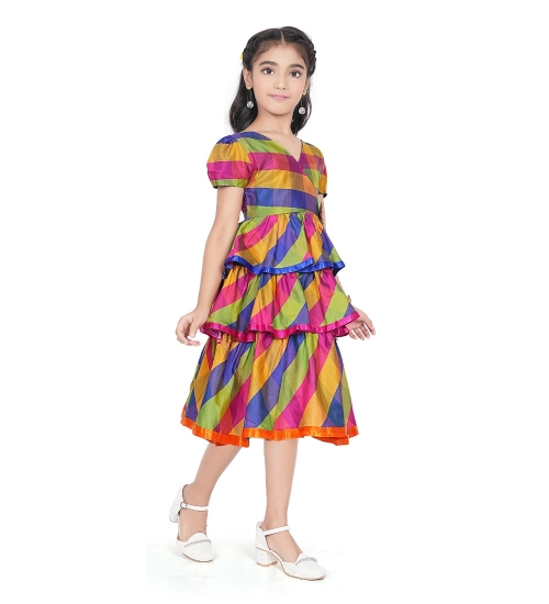 Girl's Taffeta Silk Striped Short Sleeve V Neck Dress (Multicolor)