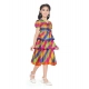 Girl's Taffeta Silk Striped Short Sleeve V Neck Dress (Multicolor)