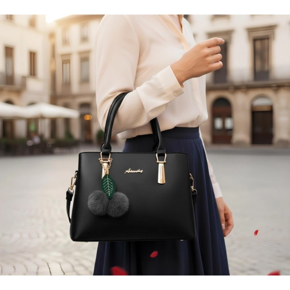 Women's PU Leather Solid Shoulder Zipper Handbag (Black)