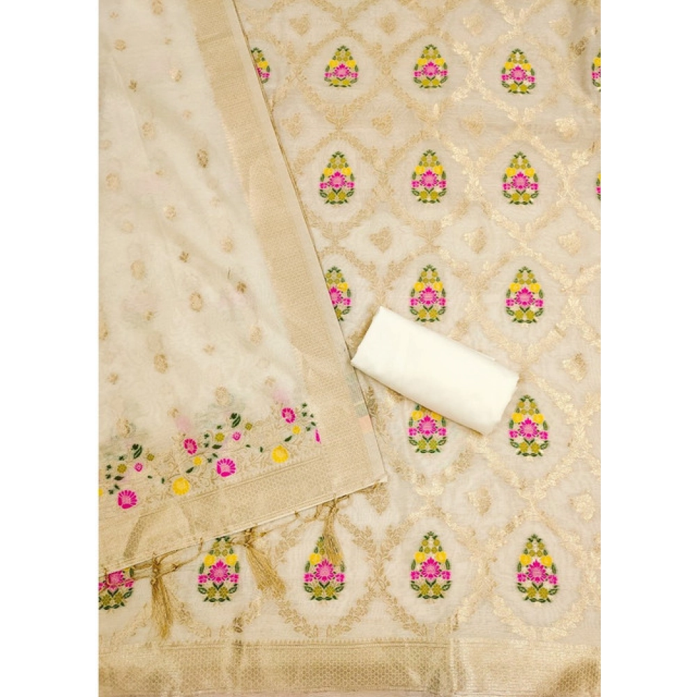 Women's Banarasi Silk Printed Unstitched Salwar Suit Material With Dupatta (White, 3Mtrs)