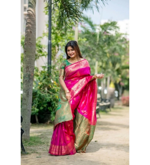 Women's Katan_Silk Zari_Weaving Saree With Unstitched Blouse 5.5Mtr (Pink)