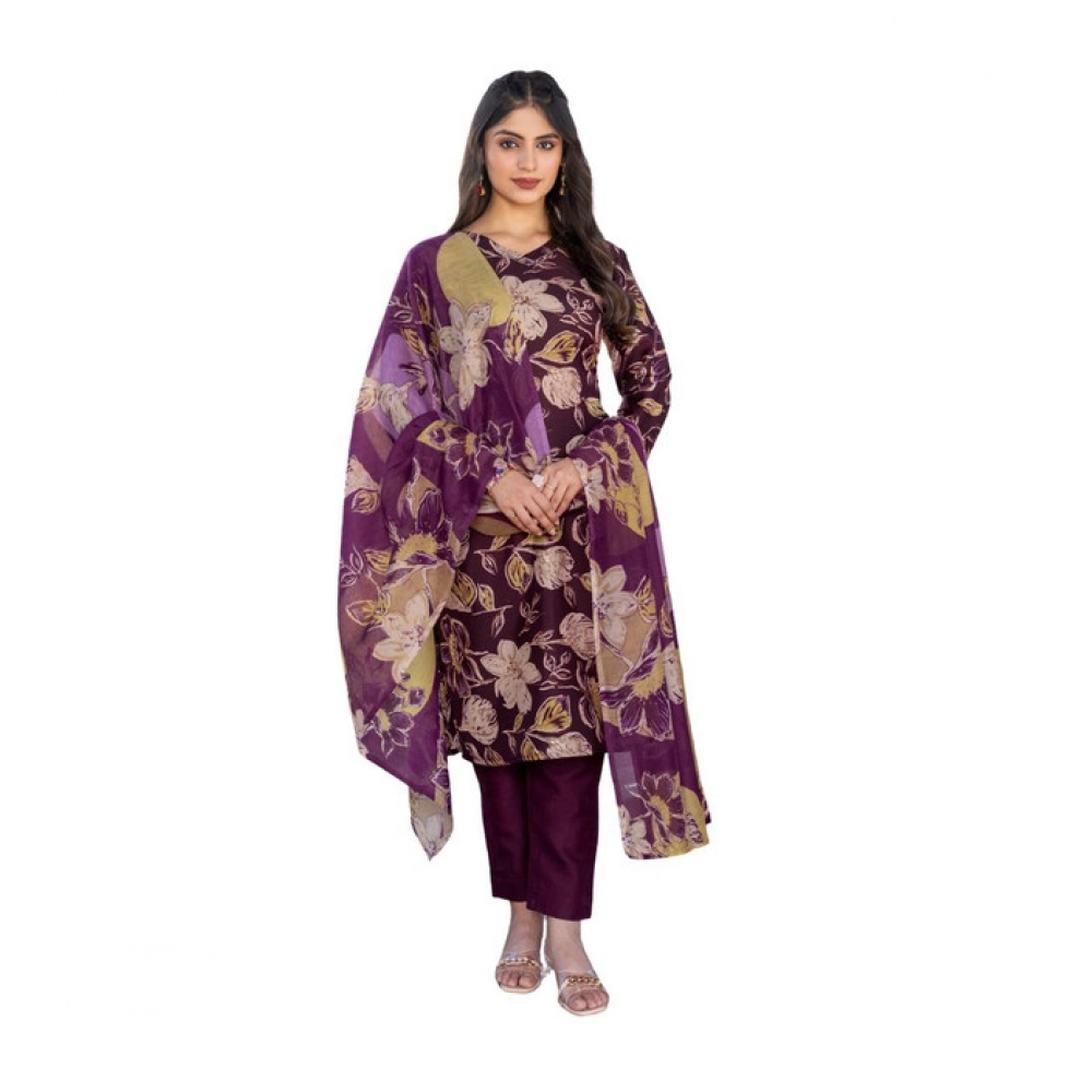 Women's Cotton Blend Printed Kurti With Pant Dupatta Set (Purple) Women's Cotton Blend Printed Kurti With Pant Dupatta Set (Purple)