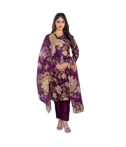 Women's Cotton Blend Printed Kurti With Pant Dupatta Set (Purple)