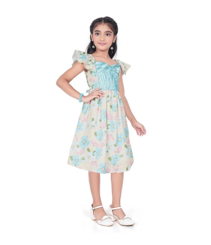 Girl's Popcorn Printed Short Sleeve Squre Neck Dress (Sky Blue)