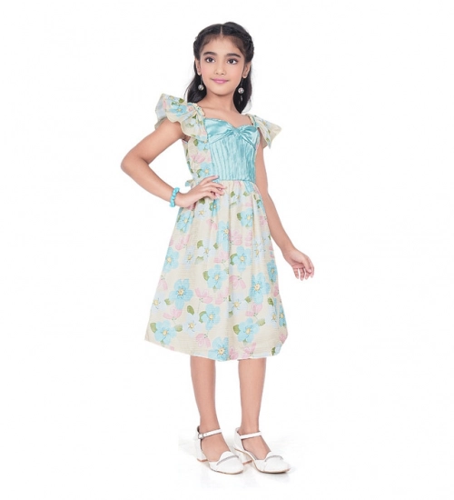 Girl's Popcorn Printed Short Sleeve Squre Neck Dress (Sky Blue) Girl's Popcorn Printed Short Sleeve Squre Neck Dress (Sky Blue)