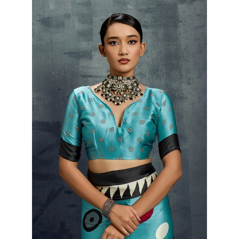 Women's Satin Crepe Printed Saree With Unstitched Blouse 5.5Mtr (Sky Blue)