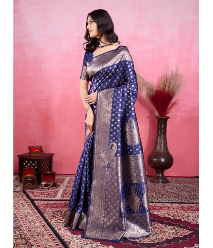 Women's Banarasi Silk Printed Saree With Unstitched Blouse 5.5Mtr (Blue) Women's Banarasi Silk Printed Saree With Unstitched Blouse 5.5Mtr (Blue)
