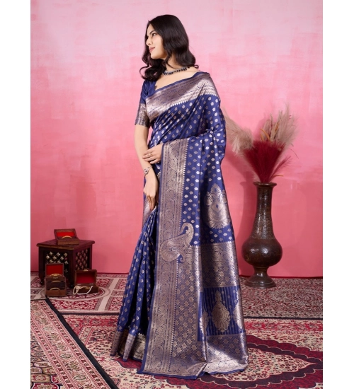 Women's Banarasi Silk Printed Saree With Unstitched Blouse 5.5Mtr (Blue)